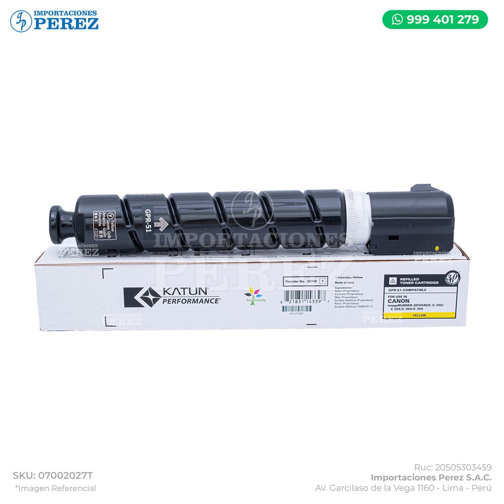 Toner Cartucho Yellow Canon [Katun Performance] GPR51 339g 